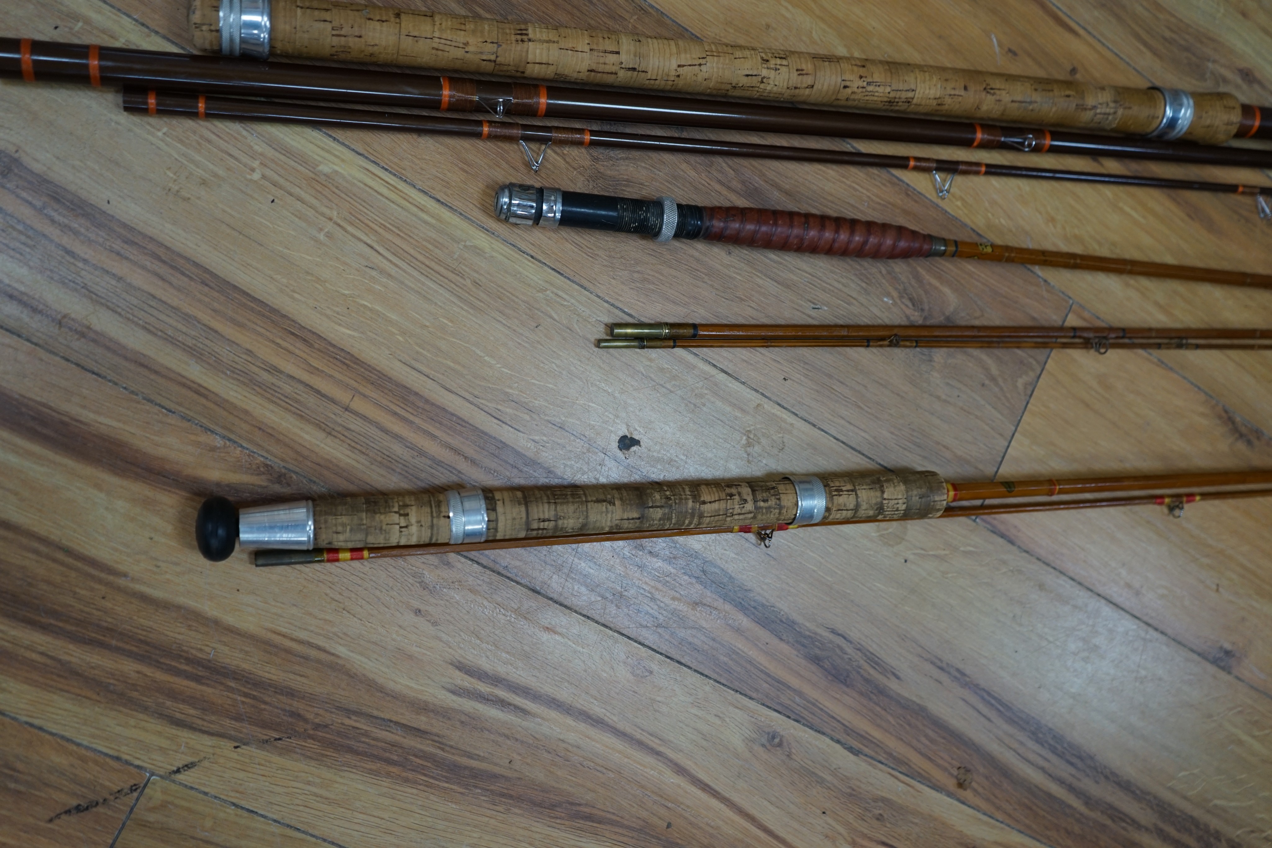 A collection of mixed split cane fishing rods, Les Compton, Elasticane, Carton-James and another (4)